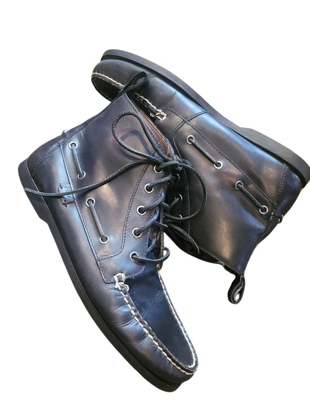 Polo Ralph Lauren Boots Men's 10.5 Black Leather Barrott Lace Up Moc Chukka